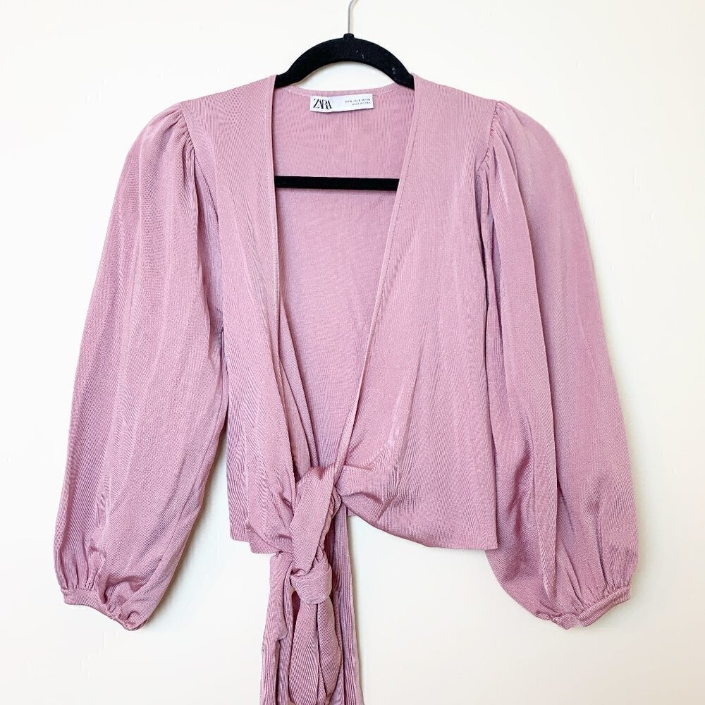 Zara Balloon Sleeve Heavyweight Knit Wrap Top - Pink - Size Small